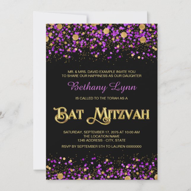 Convites Batem de Mitzvah de Purpurina Dourada e Roxa (Frente)