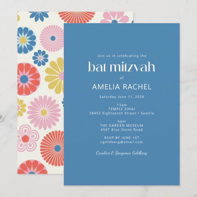 Convites Batem de Mitzvah Escandinavo Boho Folclórico Flor  (Frente/Verso)
