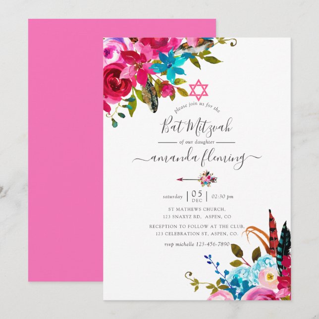 Convites Batem de Mitzvah Floral Boho Chic com Aquarela Ros (Frente/Verso)