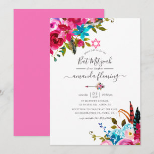 Convites Batem de Mitzvah Floral Boho Chic com Aquarela Ros
