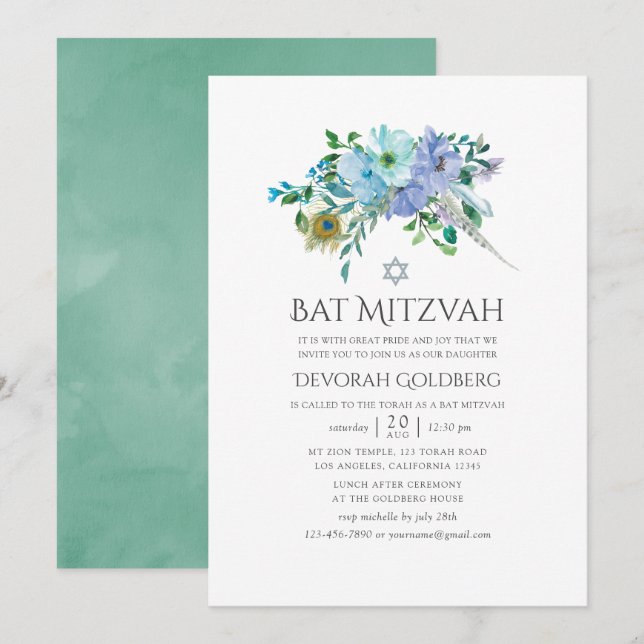 Convites Batem de Mitzvah Floral Boho Verde-Menta e Azul (Frente/Verso)