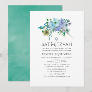 Convites Batem de Mitzvah Floral Boho Verde-Menta e Azul