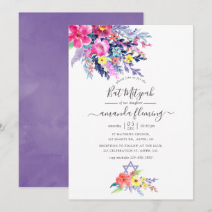 Convites Batem de Mitzvah Floral Colorido de Aquarela Prima