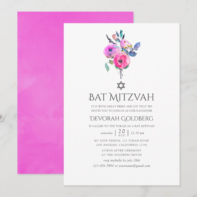 Convites Batem de Mitzvah Floral em Aquarela Rosa-Intenso (Frente/Verso)