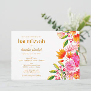 Convites Batem de Mitzvah Floral em Aquarela Rosa Laranja M