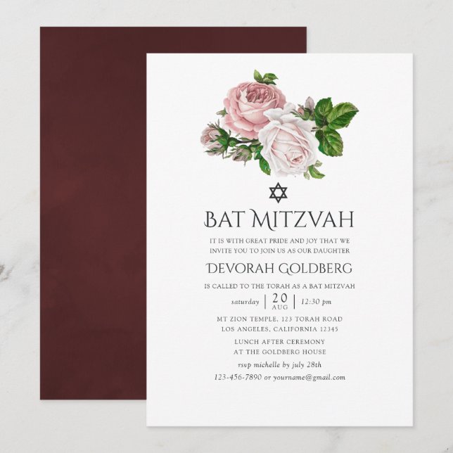 Convites Batem de Mitzvah Floral Rosa Velho e Borgonha (Frente/Verso)