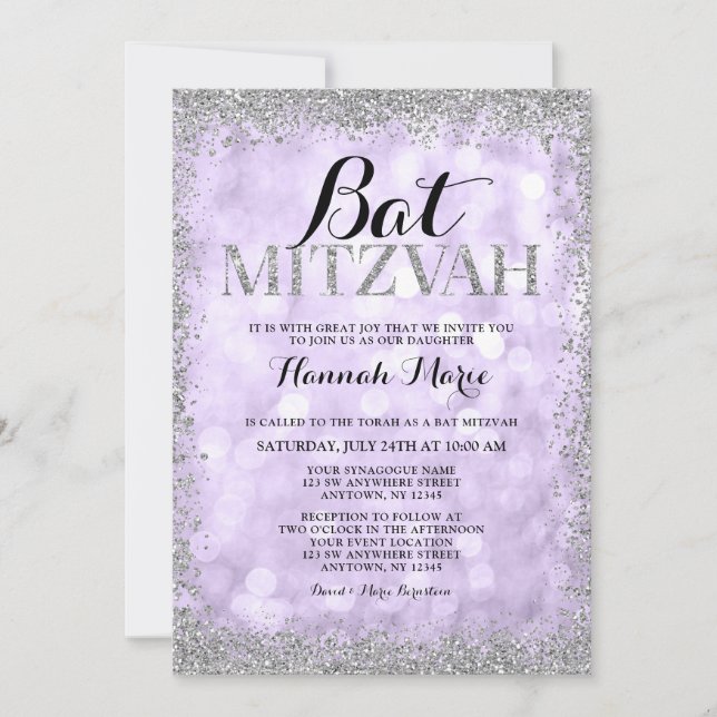 Convites Batem de Mitzvah Luzes Glitter Falso Prata Roxo (Frente)