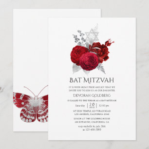 Convites Batem de Mitzvah Rosa Vintage Vermelha e Prata