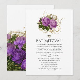 Convites Batem de Mitzvah Vintage Chic Roxo e Dourado