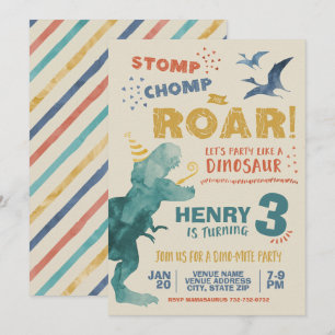 Convites Bater Pisar Rugir Aquarela Dinossauro Aniversário