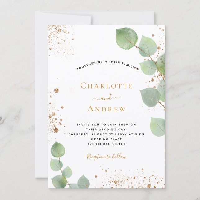 Convites Batida de ouro de eucalipto verde de casamentos (Frente)