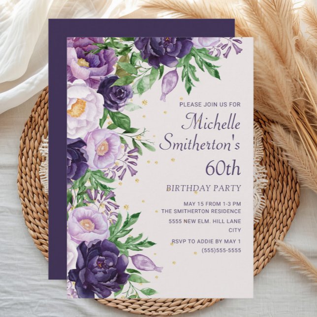Convites Batida Floral Roxa 60º Aniversário (Elegant purple watercolor floral women's 60th birthday party invitation)