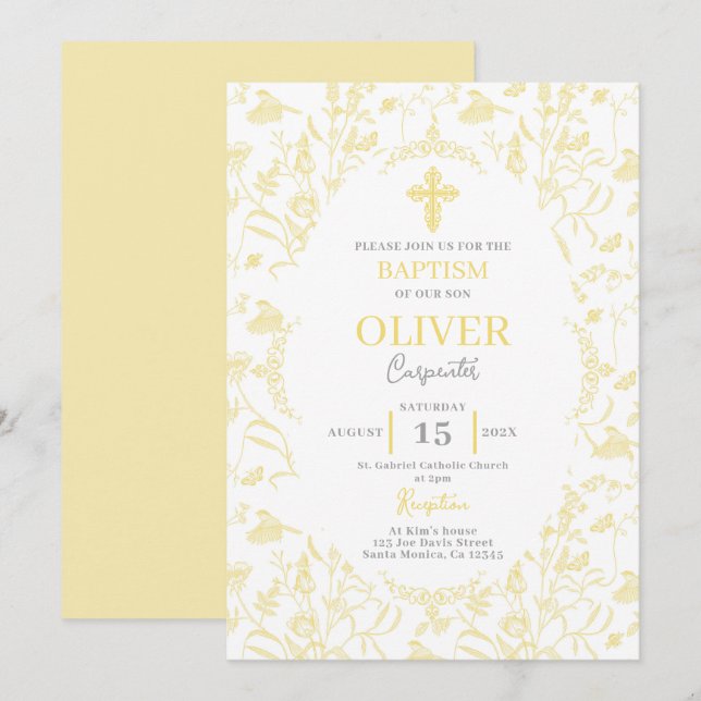 Convites Batismo amarelo-toile (Frente/Verso)