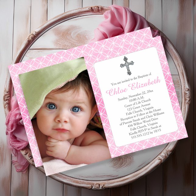 Convites Batismo | Anéis de Eternidade Menina Cruza Foto (Baptism Girl Eternity Rings Elegant Silver Cross Photo Invitation - Print and/or Digital Download)