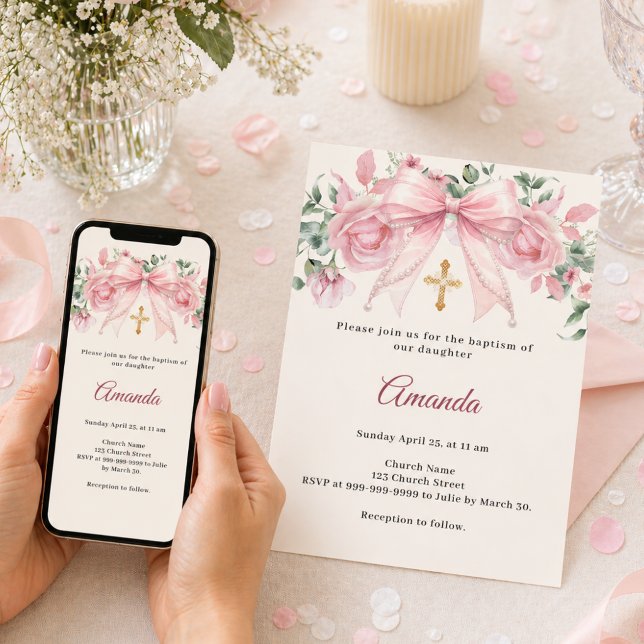 Convites Batismo Arco Rosa Florais de Marfim Menina Cruz (Criador carregado)