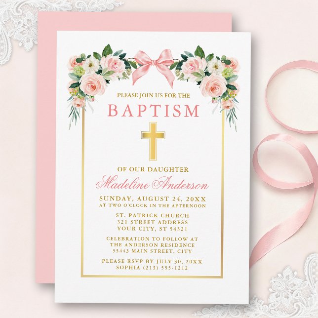 Convites Batismo Arco Rosa Floral Aquarela Moldura Dourada (Customize to change text color, size, style or to change color of back of card.)