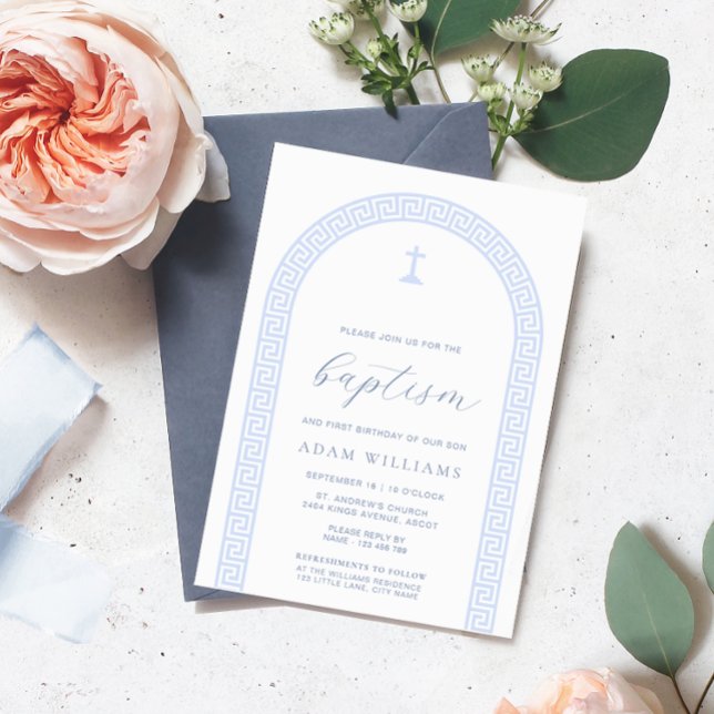 Convites Batismo Azul Branco da Arca-Chave Grega (Greek Key Baptism Invitation)