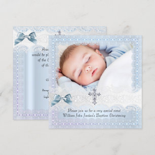 Convites Batismo Azul Branco Renda Jóia Foto Cruz Menino 2