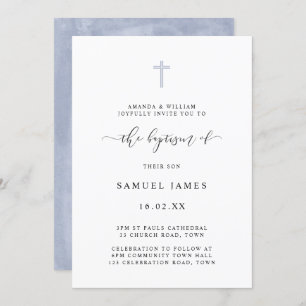 Convites Batismo Azul Clássico Minimalista Simples