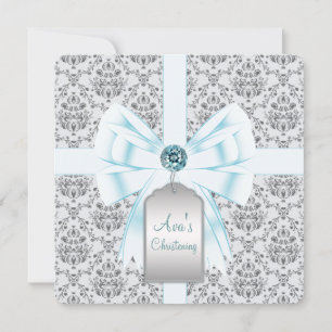 Convites Batismo azul do baptismo do bebê do damasco da