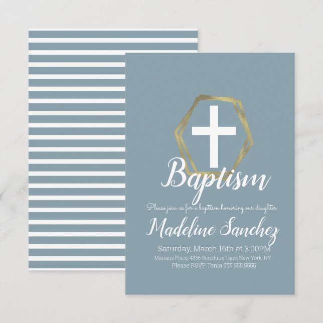 Convites Batismo Azul, Dourada Dedicação Cristal (Frente/Verso)