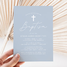 Convites Batismo Azul Dusty com Script Minimalista Moderno