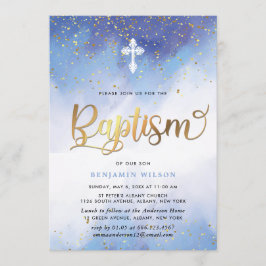 Convites Batismo Azul E Dourado Do Garoto De Aquarela