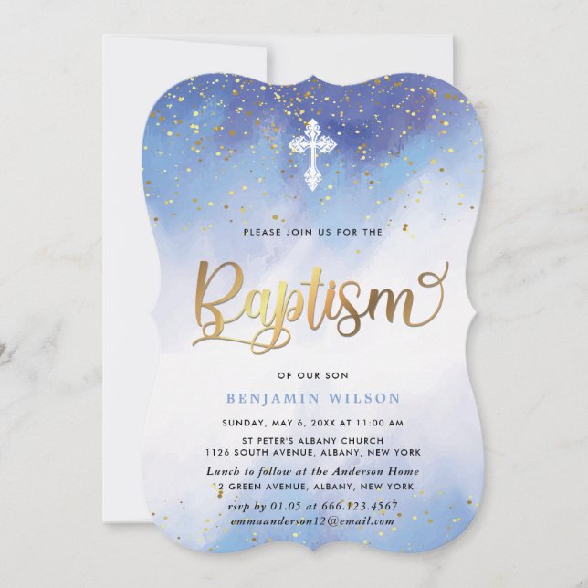 Convites Batismo Azul E Dourado Do Garoto De Aquarela (Frente)