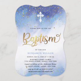 Convites Batismo Azul E Dourado Do Garoto De Aquarela