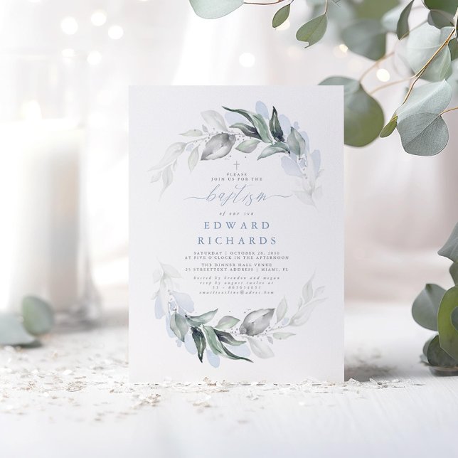 Convites Batismo Azul Elegante Moderno Elegante (Silver Greenery Baptism Invitations)