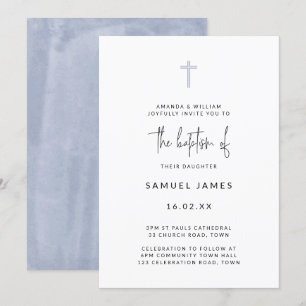 Convites Batismo Azul Escrito à Mão com Aquarela Moderna Mi