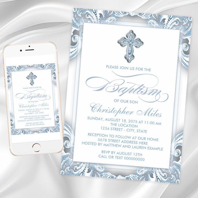 Convites Batismo azul-prata elegante (Blue and silver cross baptism invitation with script and cross on swirl back. Digital and print.)