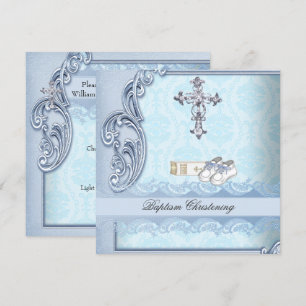 Convites Batismo Azul Turquesa Cruz Menino Damask batizado