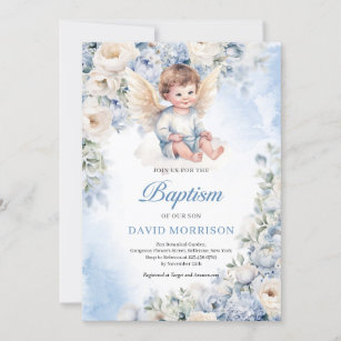 Convites Batismo bebê anjo doce Dusty Marfim Azul Flor Bati