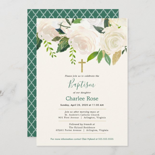 Convites Batismo bebê das rosas brancas e Brunch (Frente/Verso)