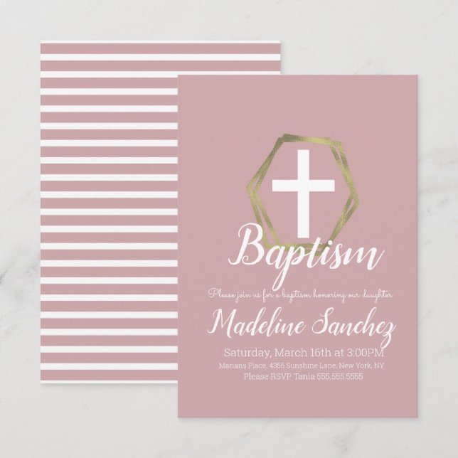 Convites Batismo Bege Rosa Dourado Dedicação Batizado (Frente/Verso)