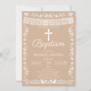 Convites Batismo Beige Papel Picado