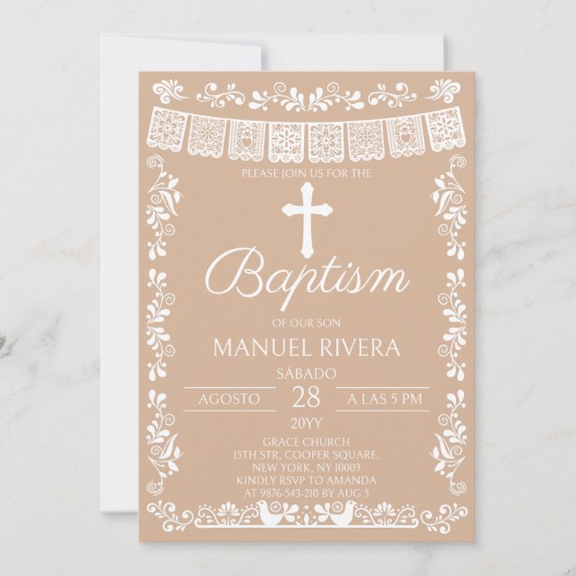 Convites Batismo Beige Papel Picado (Frente)