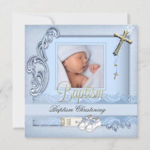 Convites Batismo Blue Dourado Cross Boy Christening