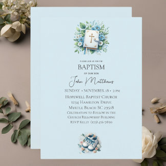 Convites Batismo Blue Floral Cross and Bíblia Boys