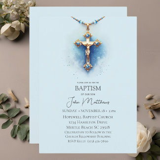 Convites Batismo Blue Religião Cross Boys