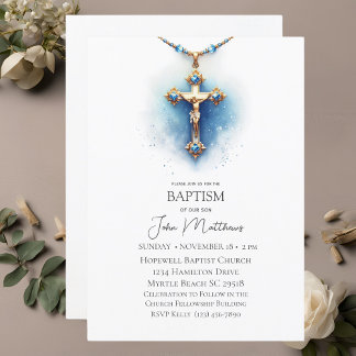 Convites Batismo Blue White Cross Boys Religiosos