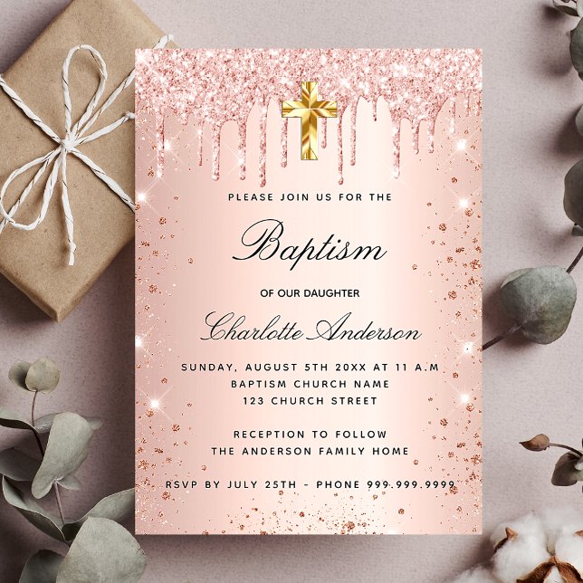 Convites Batismo blush rosa dourado glitter glitter menina (Criador carregado)