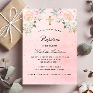 Convites Batismo blush rosa floral garota elegante
