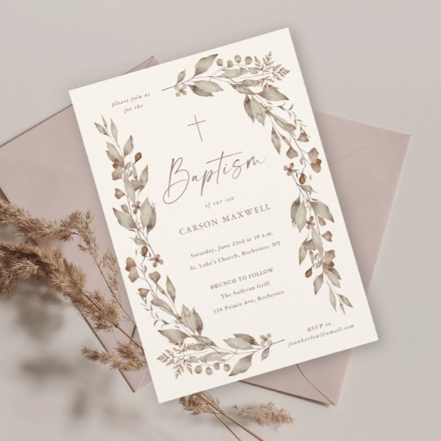 Convites Batismo Boho Floral de Flores Silvestres Neutro em (Boho wildflower elegant ivory gender neutral baptism christening invitation.)