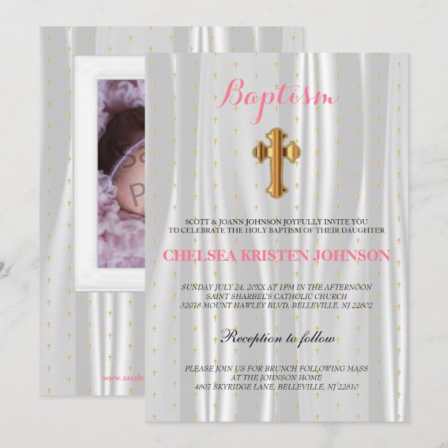 Convites Batismo bonito de Satin Branco / Christening (Frente/Verso)