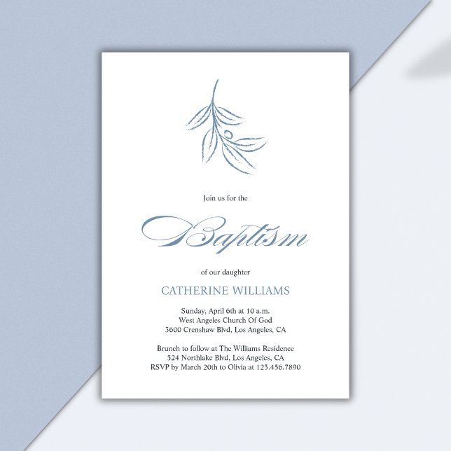 Convites Batismo Botânico Branco e Azul Minimalista (Minimalist White and Blue Botanical Baptism Invitation)