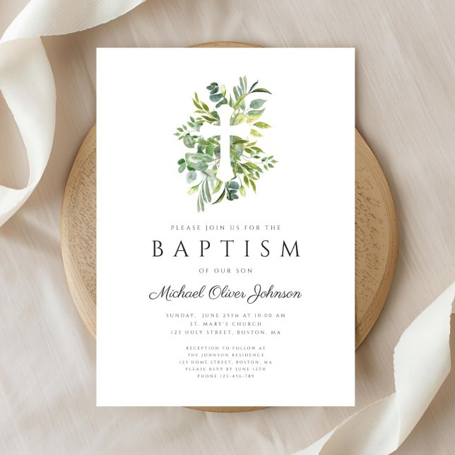 Convites Batismo Botânico Religioso Elegante (Elegant Botanical Religious Cross Baptism Invitation)