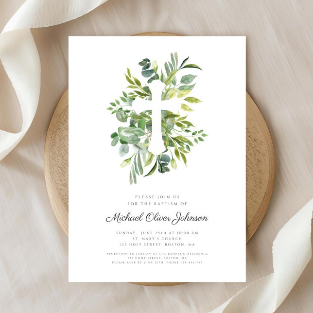 Convites Batismo Botânico Religioso Elegante (Elegant Botanical Religious Cross Baptism Invitation)