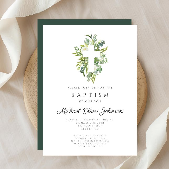 Convites Batismo Botânico Religioso Elegante (Elegant Religious Cross Botanical Baptism Invitation)